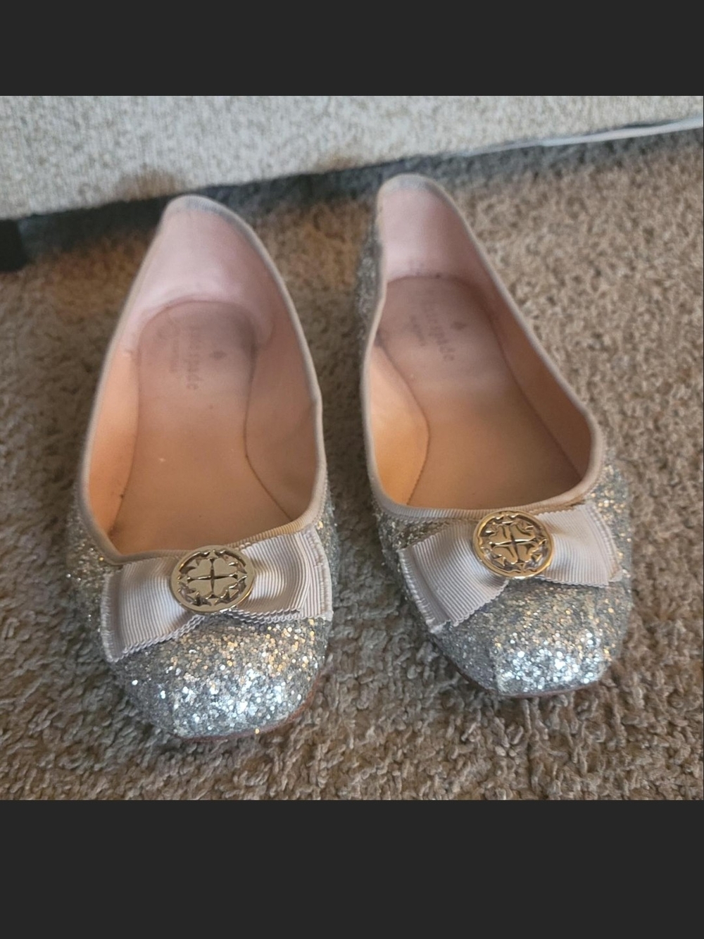 kate spade Silver Glitter Ballet Flats with Bow and Logo
